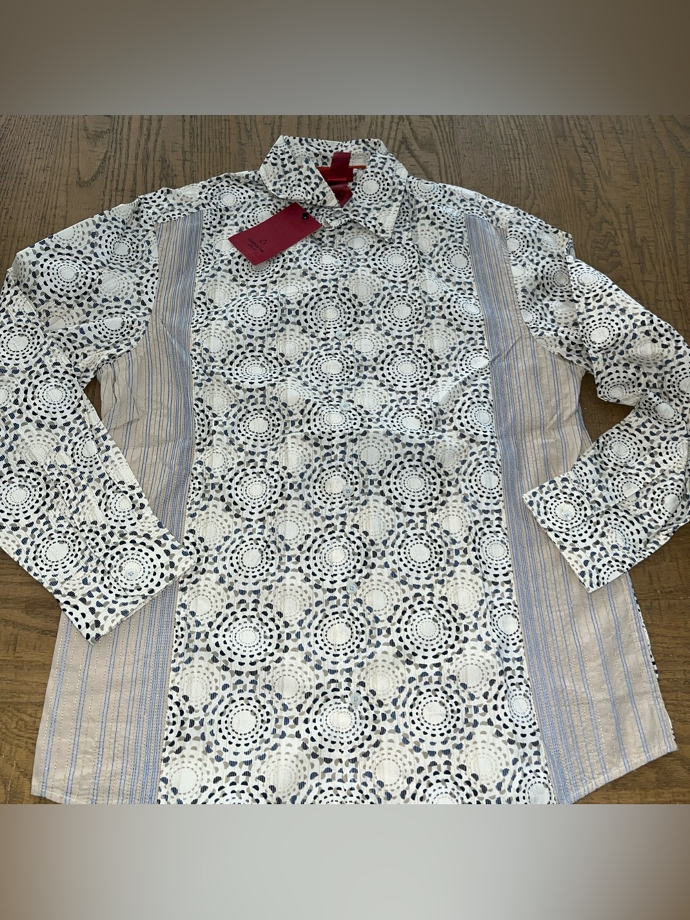 Liz Claiborne Tan Brown & Blue Striped Geometric Button Down Shirt Men's M
